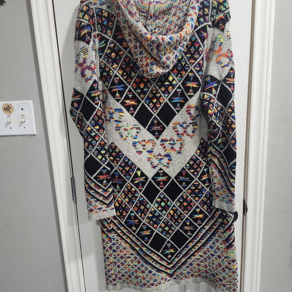Pinklicious Hooded Cardigan Sweater M Colorful Boho Aztec Long Duster - Picture 12 of 16